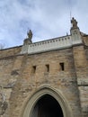 Statues of two warriors with Speer detail of entrance to the Hohenzollern castle, a