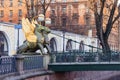 Statues of winged griffons on Bank Bridge in Saint Petersburg