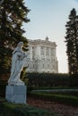 Statuesque view of a grand palace bathed in the hazy morning light of sunrise: Madrid Royalty Free Stock Photo