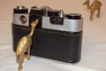 Statuette of a camel near a retro camera on a white background Royalty Free Stock Photo