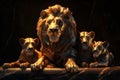 A statuette of a Family of lions on a black background