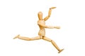 Statuette figure wooden man human makes shows experiences emotional action on a white background.