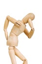 Statuette figure wooden man human makes shows experiences emotional action on a white background.