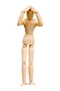 Statuette figure wooden man human makes shows experiences emotional action on a white background.