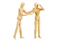 Statuette figure wooden man human makes shows experiences emotional action on a white background.