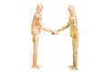 Statuette figure wooden man human makes shows experiences emotional action on a white background.