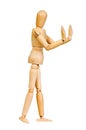 Statuette figure wooden man human makes shows experiences emotional action on a white background