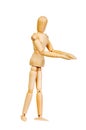 Statuette figure wooden man human makes shows experiences emotional action on a white background. Royalty Free Stock Photo