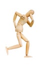 Statuette figure wooden man human makes shows experiences emotional action on a white background.