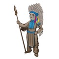 The statuette of the leader of a tribe of Indians isolated on white background. Cartoon vector close-up illustration.