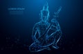 Statuette monk playing instrument. abstract pattern with monk with stringed instrument on blue background