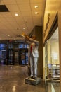 A statute of Dizzy Gillespie playing a trumpet in the lobby of a hotel in New Orleans Louisiana