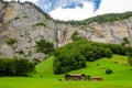 Staubbach valley with chalet in front - Lauterbrunen, Switzerland