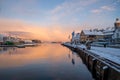 Stavanger city center port sunrise reflections