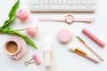 Stay beauty. Makeup beauty cosmetic fashion in office. Cosmetics woman working on laptop with bag product facial and coffee Royalty Free Stock Photo