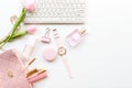 Stay beauty. Makeup beauty cosmetic fashion in office. Cosmetics woman working on laptop with bag product Royalty Free Stock Photo