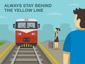 Stay behind the yellow line. Passengers waiting train on platform while train is approaching. Keep back from platform edge. Royalty Free Stock Photo