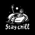 STAY CHILL SKELETON IN CAP WITH COCKTAIL AND SWIM RING WHITE BLACK Royalty Free Stock Photo