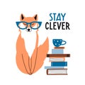 Stay clever. Cute hand drawn fox in glasses with books Royalty Free Stock Photo