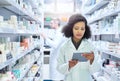 Stay connected, stay up to date on the newest brands. a young woman using a digital tablet to do inventory in a pharmacy Royalty Free Stock Photo