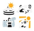 Stay cool during heat wave monochrome concept vector spot illustration set