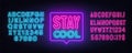 Stay Cool neon sign in the speech bubble on brick wall background.