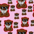 Stay cool with sun glasses otter, impressive, perky, dashing pet cute cartoon seamless pattern funny animals with pink background