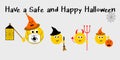 Stay safe this Halloween text, Adult emoji wearing face mask with children dressed for trick or treat at Halloween, covid 19