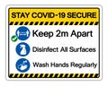 Stay Covid-19 Secure Keep 2m apart , Disinfect All Surfaces , Wash Hands Regularly Symbol Sign, Vector Illustration, Isolate On