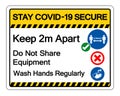 Stay Covid-19 Secure Keep 2m apart ,Do Not Share Equipment, Wash Hands Regularly Symbol Sign, Vector Illustration, Isolate On