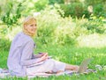 Stay free with remote job. Managing business remote outdoors. Woman with laptop sit grass meadow. Best jobs to work