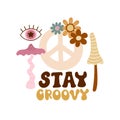 Stay groovy. Cartoon peace sign, mushroom, flowers, hand drawing lettering, dÃÂ©cor elements. colorful vector illustration, retro s Royalty Free Stock Photo