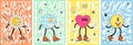 Stay groovy, peace, love rules and good vibes art poster set. Sun, peace sign, flower daisy and heart retro characters