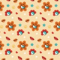 Stay groovy. Seamless pattern of bright trippy hippie elements: peace sign, daisies, etc. Nostalgia for the 60s, 70s