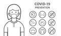 Coronavirus COVID-19 Prevention concept. Flat line icons set. Social distancing, Stay at home, Avoid crowds, Wash hands.