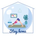 Stay home awareness quarantine consept banner self isolation. Young woman doing yoga at home. Social media campaign and