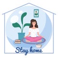 Stay home awareness quarantine consept banner self isolation. Young woman girl sits in a meditation pose at home. Social