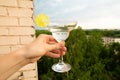 Stay at home balcony cocktail party. Classic home-made Margarita alcohol drink with lime and salt in a hand, trees sky Royalty Free Stock Photo