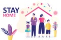 Stay home banner. Family at home, parents with kids. Quarantine or self-isolation. Health care concept