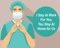 Stay home banner template. doctor sitting home. Quarantine or self-isolation. Health care concept. Fears of getting corona virus.
