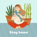 Stay home banner with woman petting her cat, flat vector illustration.