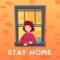 Stay home card. Girl self isolation in room with cup of coffee