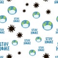 Stay home. Character Earth in medical maskVector coronavirus logo or COVID-19 seamless repeating pattern background, illustration