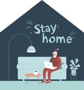 Stay home this Christmas. Santa Claus sitting at home alone on Christmas eve. Using laptop communicating with children on internet