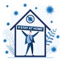 Stay at home concept banner. Businessman at home. Self-isolation, fear becomes infected. Male character on quarantine