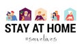 Stay at home, concept design. Different types of people, family, neighbors in their own houses. Self isolation