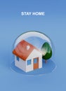 Stay home concept. House protected under a glass dome on blue background. Safety and insurance coronavirus concept. 3d Royalty Free Stock Photo