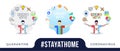 Stay at home concept illustration. character with his hands up and creativity Icons are arranged in a semicircle above the head.