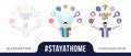 Stay at home concept illustration. character with his hands up and start up Icons are arranged in a semicircle above the head.