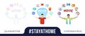 Stay at home concept illustration. character with his hands up and video production cinema movie doodle icon above the head.